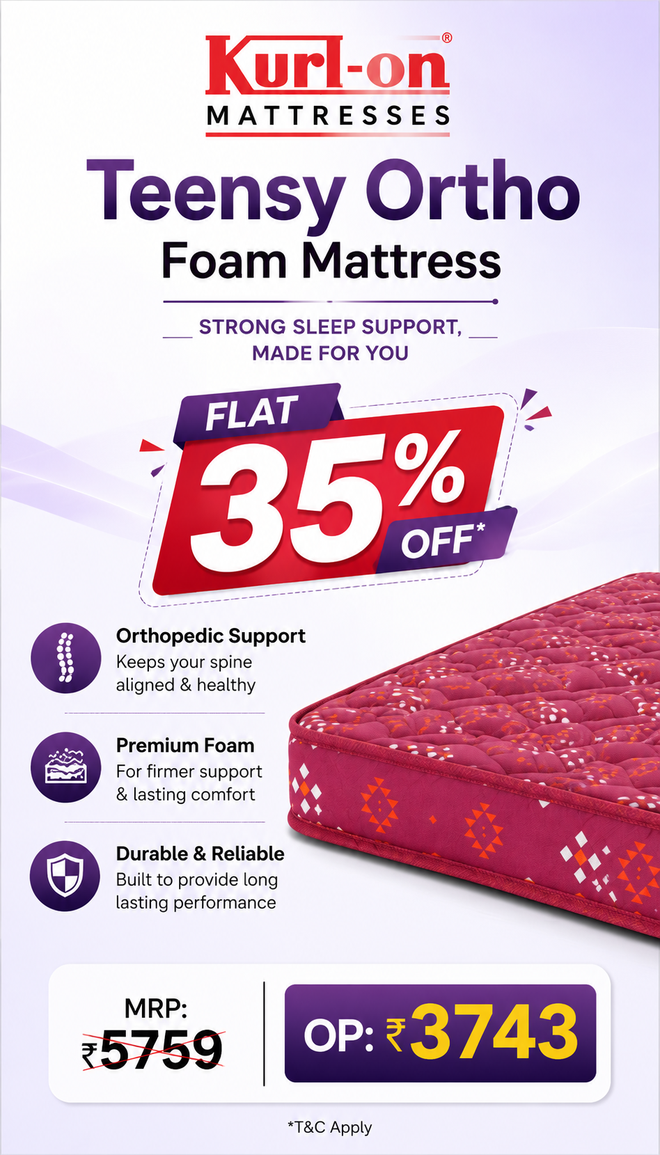 Kurlon Teensy Ortho Mattress | 4 Inch Single Size Bed 3*6 Feet